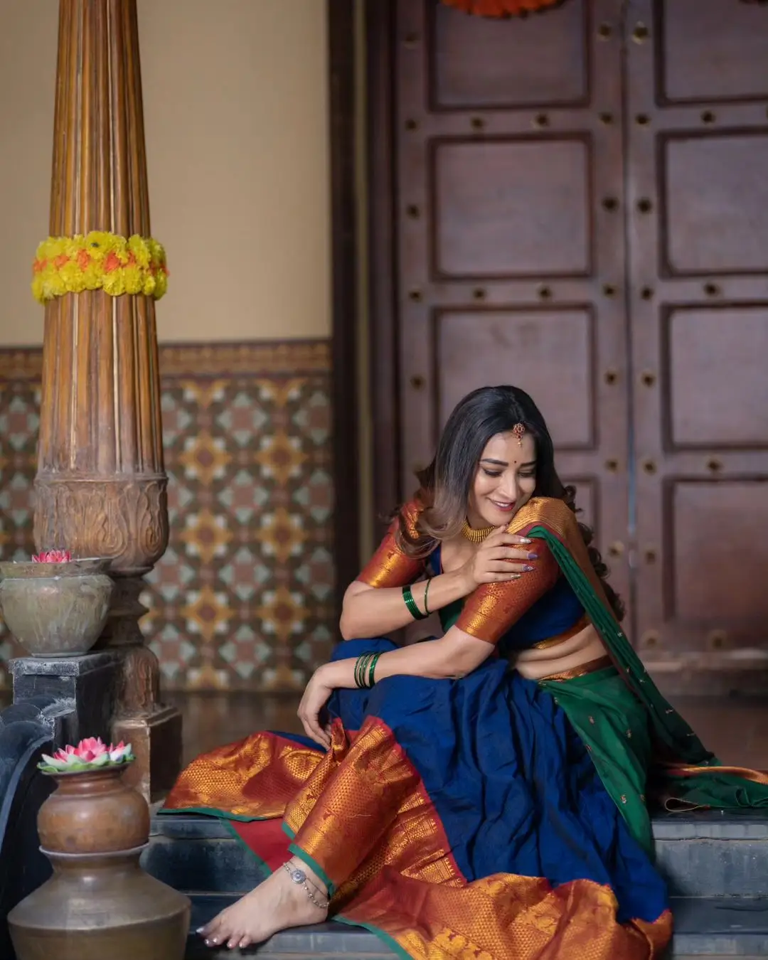 ETV Actress Bhanu Sri in Beautiful Blue Lehenga Choli Green Voni